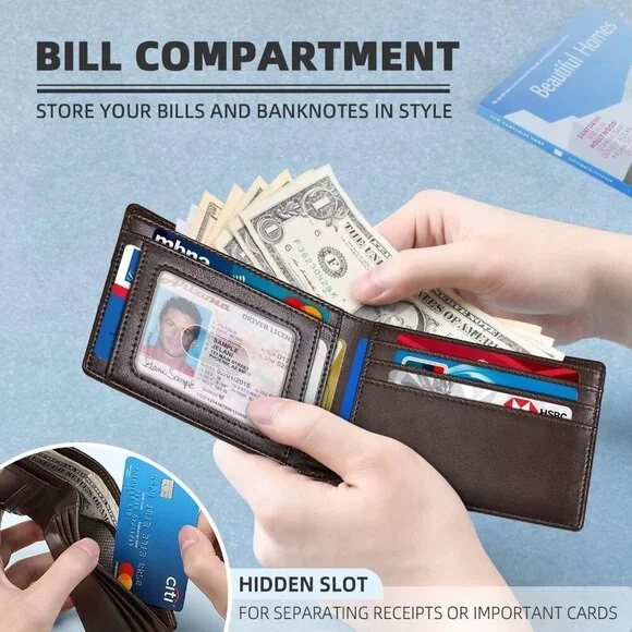 Men's Chocolate Premium Vegan Leather Wallet Slim Blocking Credit Card Design - Picture 2 of 8